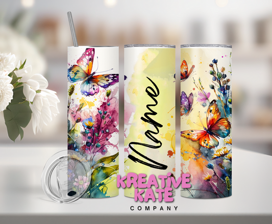 WATERCOLOR FLORAL BUTTERFLY TUMBLER